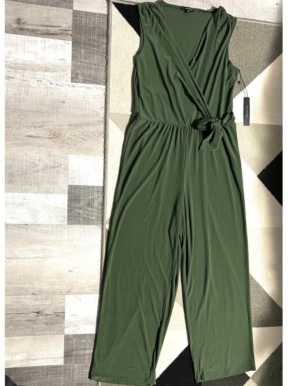 NWT Tahari Olive Faux-Wrap Sleeveless Surplice Side Tie Wide Leg Jumpsuit Large